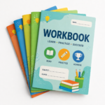 colorful stack of workbooks on white