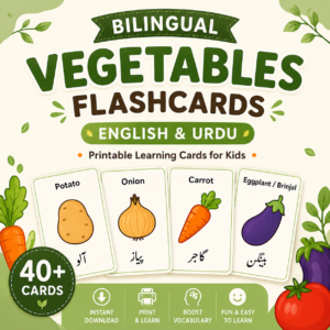 bilingual vegetables flashcards | english & urdu printable learning cards for kids